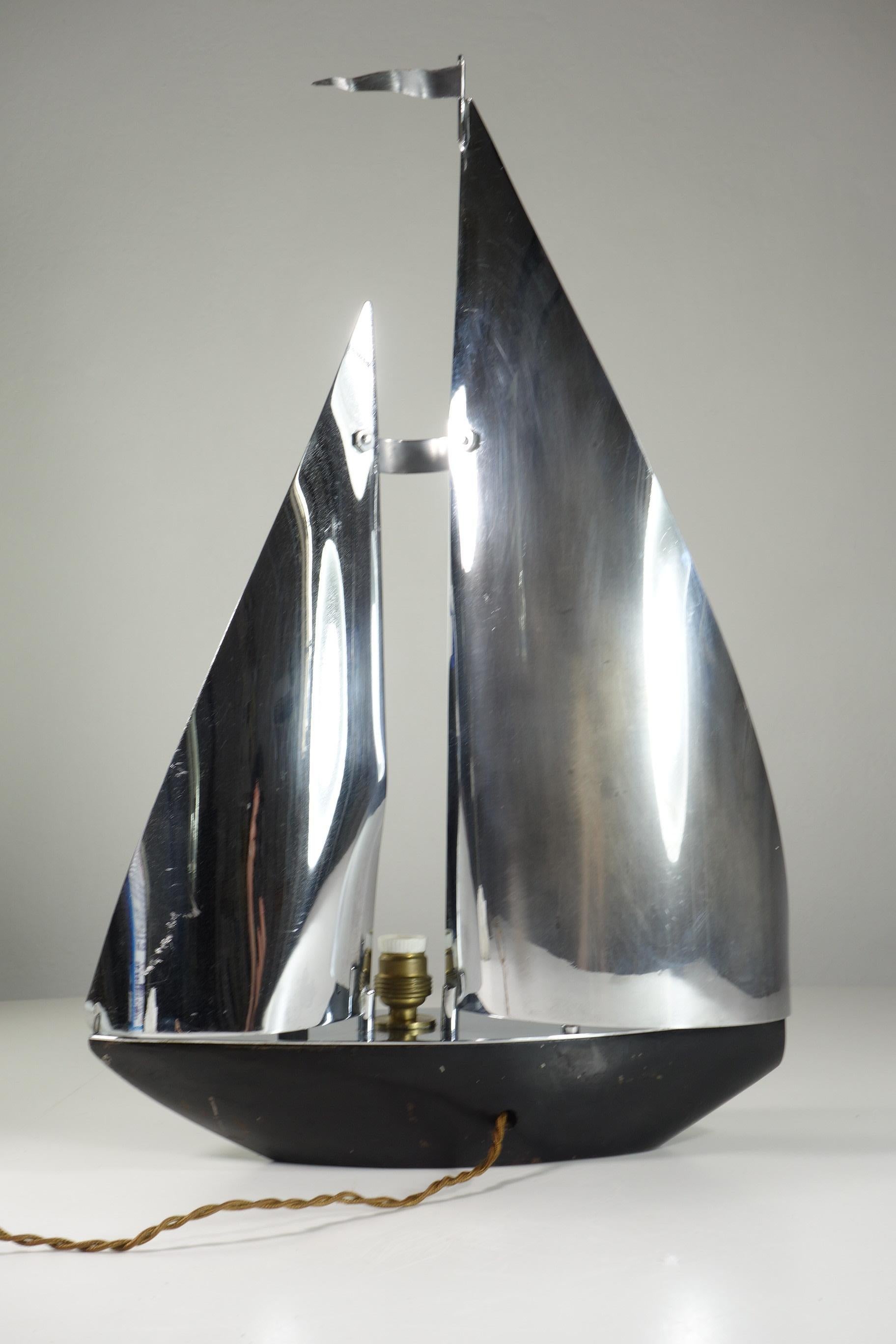 1930 France Art Deco Nickel Brass Seiling Boat Lamp For Sale 1