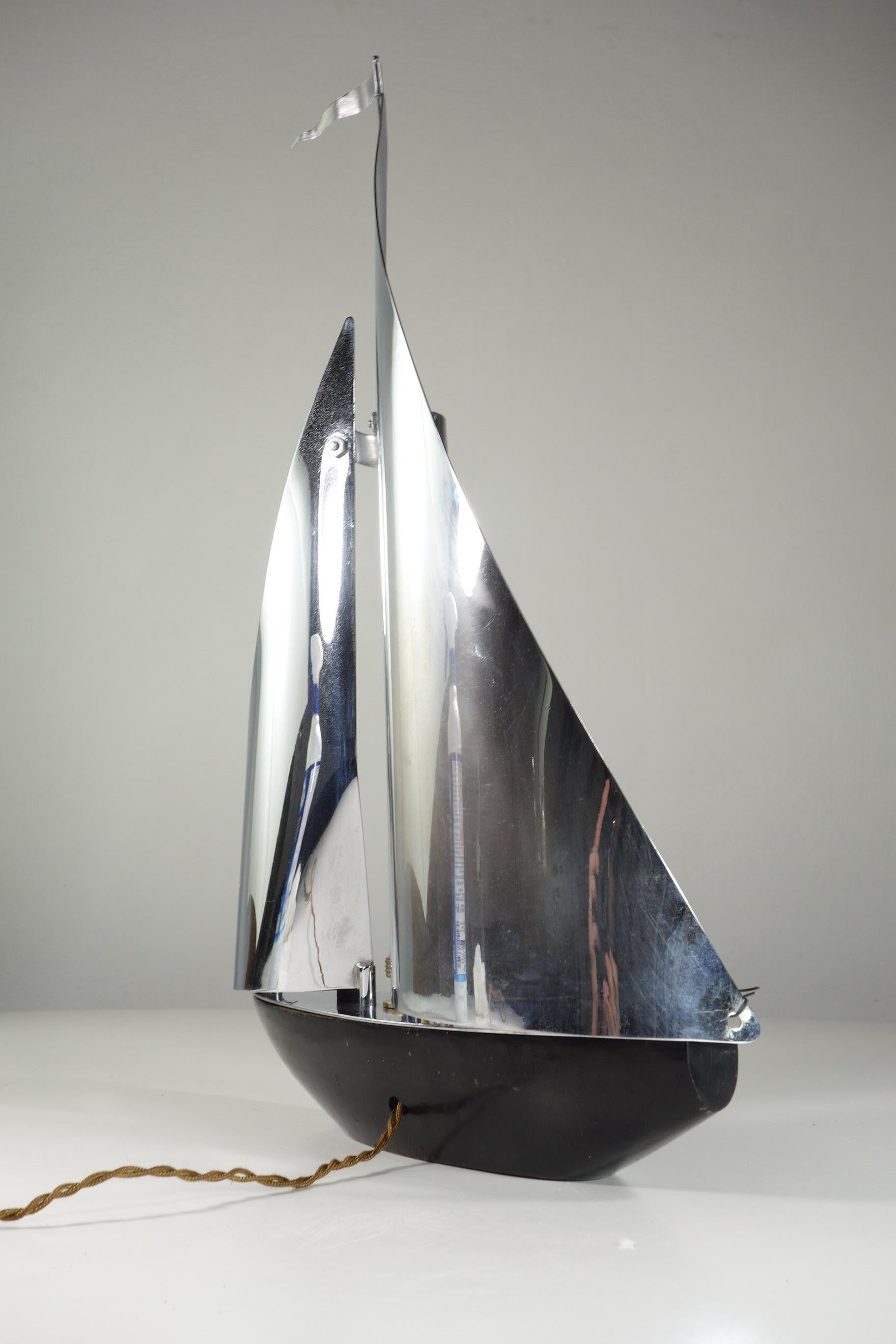 1930 France Art Deco Nickel Brass Seiling Boat Lamp For Sale 2
