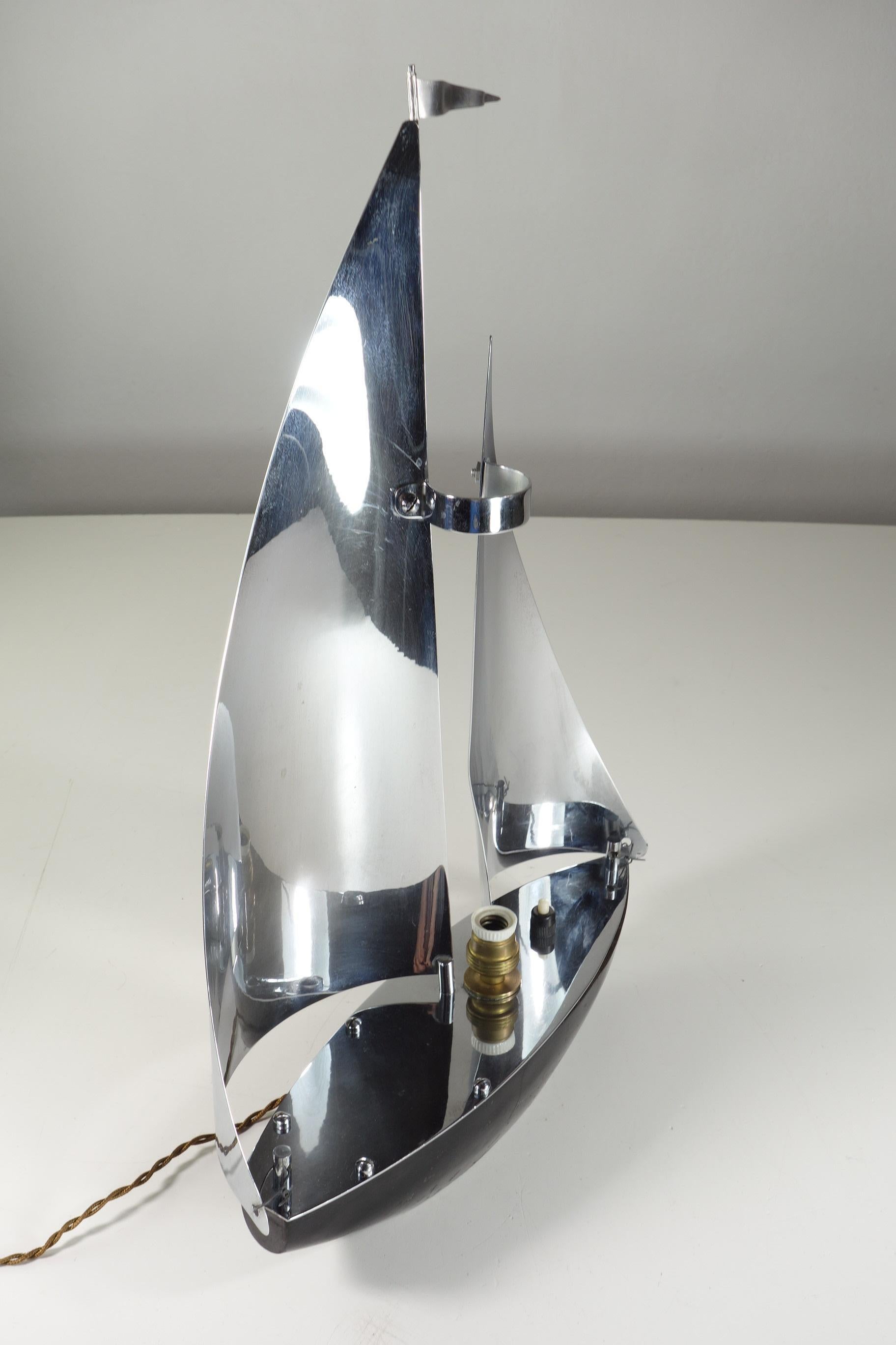 1930 France Art Deco Nickel Brass Seiling Boat Lamp For Sale 3