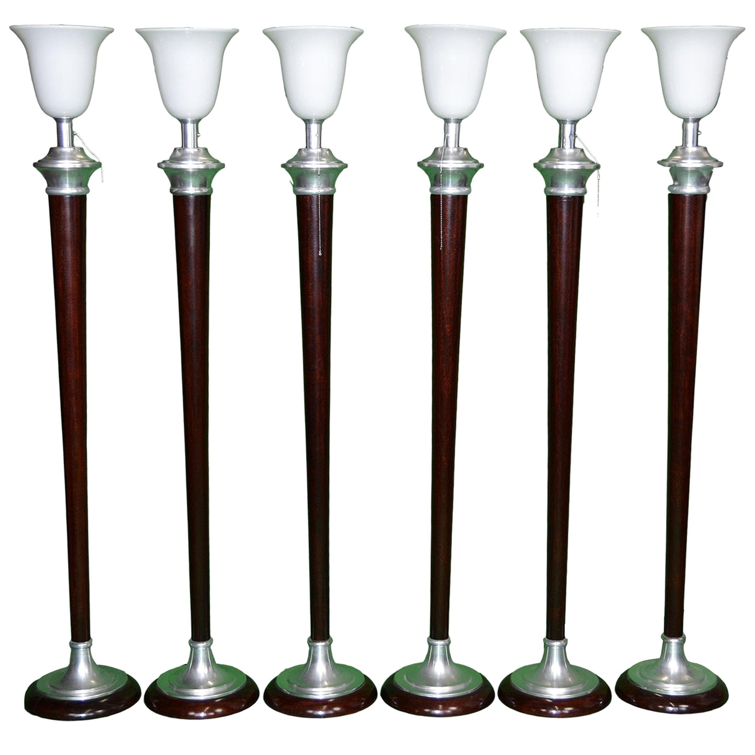 1930 Französisch Art Deco Mazda Stehlampen Opaline Schatten, Satz von 6 Torchiere Lampen