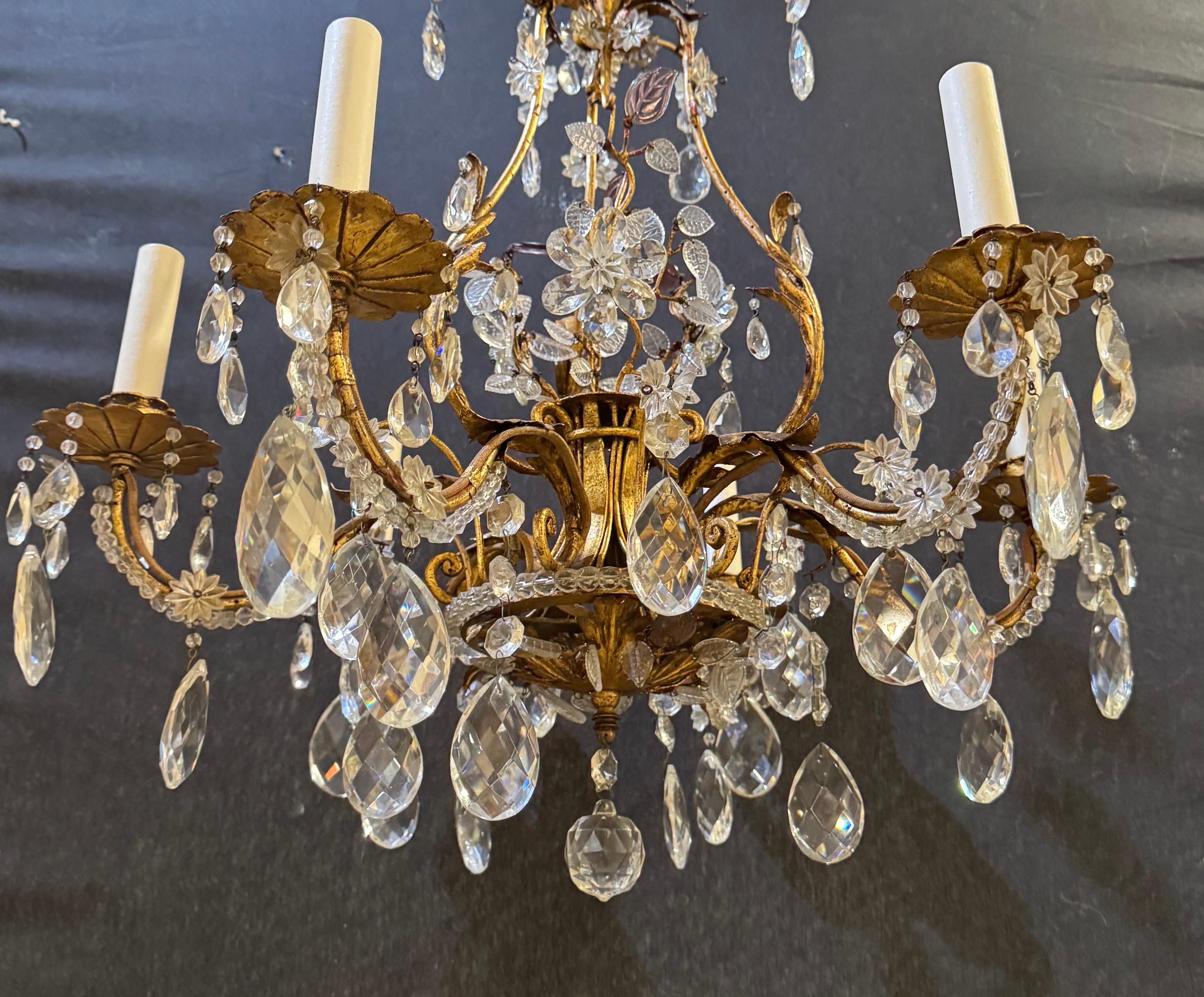 Circa 1930 French Bagues gilt metal and crystals small chandelier with 6 lights
