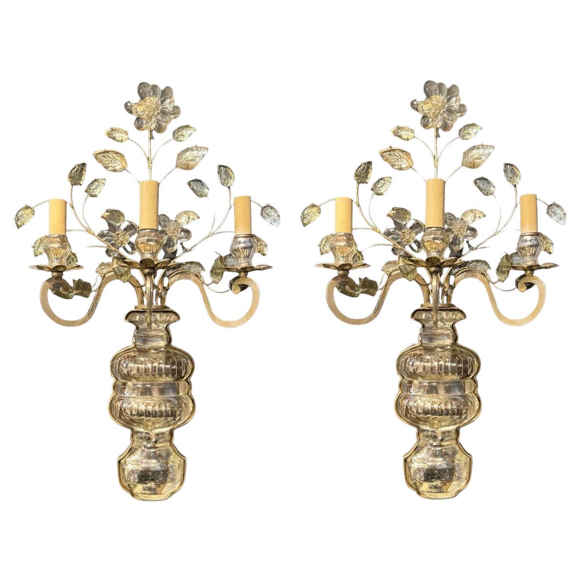 1930 French Bagues Silver Leaf Sconces with 3 Lights