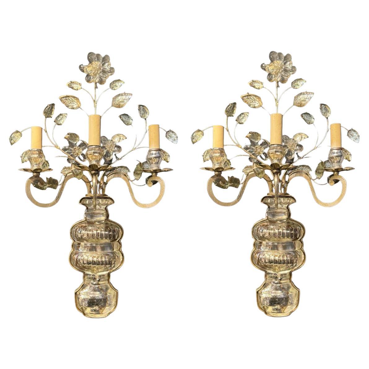 1930 Français Bagues Silver Leaf Sconces with 3 Lights (Appliques à feuilles d'argent)