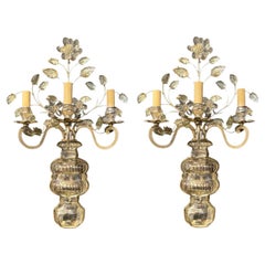 1930 Français Bagues Silver Leaf Sconces with 3 Lights (Appliques à feuilles d'argent)