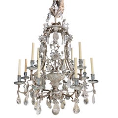1930 French  Silvered Chandelier with Rock Crystals 12 Lights