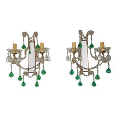 1930 French Beaded Emerald Green Murano Drops Mirrors Sconces