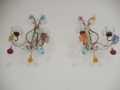 1930 French Beaded Murano Colourful Mirrors and Flowers Beaded Swags Sconces