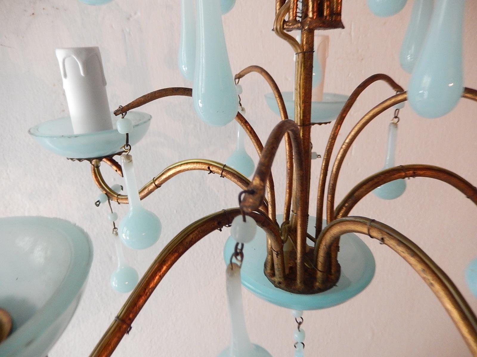 1930 French Blue Opaline Bobeches and Drops Chandelier 5