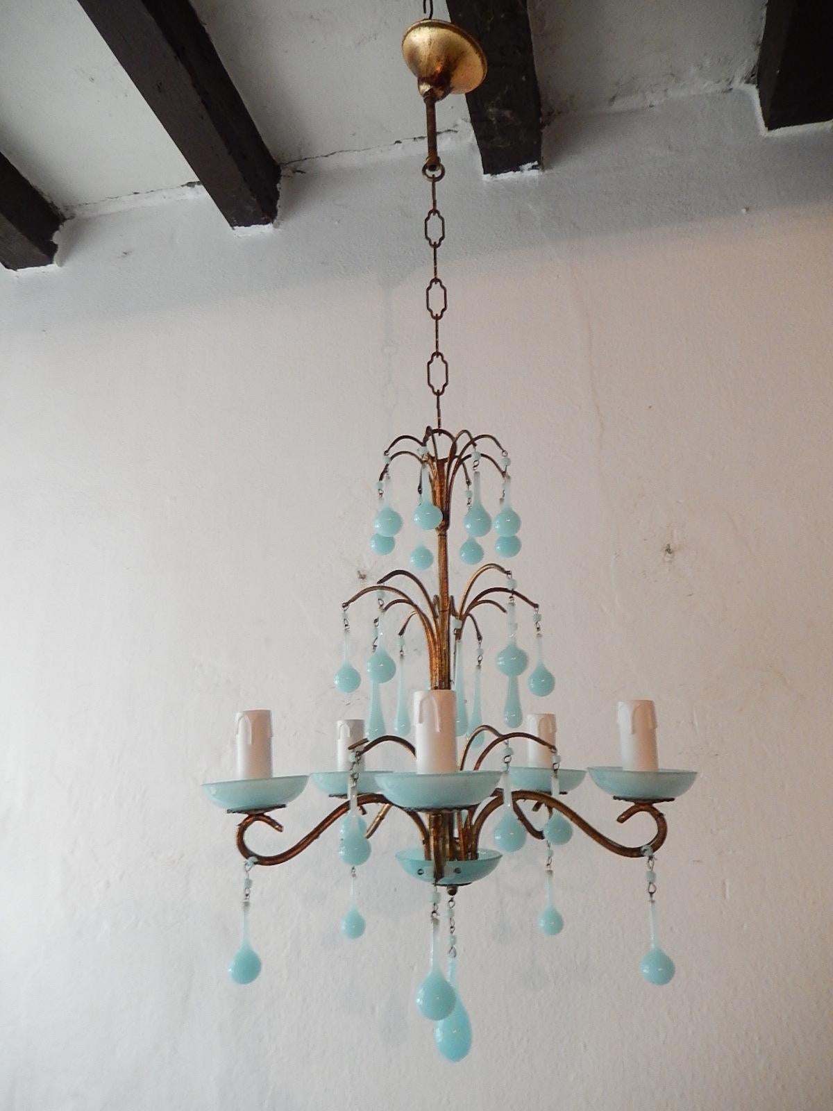 Housing five lights sitting in blue opaline bobeches. Rewired and ready to hang. Gilt metal. Murano blue opaline drops and beads. Adding another 16 inches of original chain and canopy. Free priority shipping from Italy.