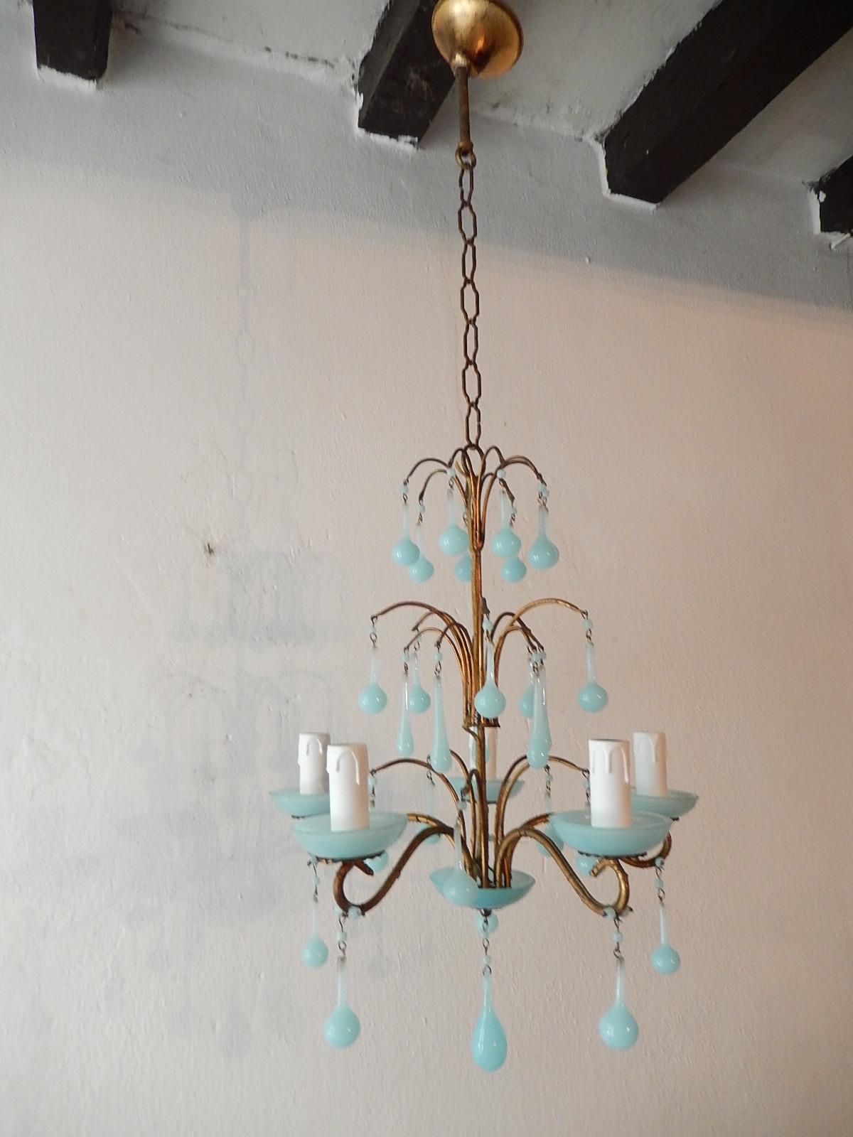 Mid-20th Century 1930 French Blue Opaline Bobeches and Drops Chandelier