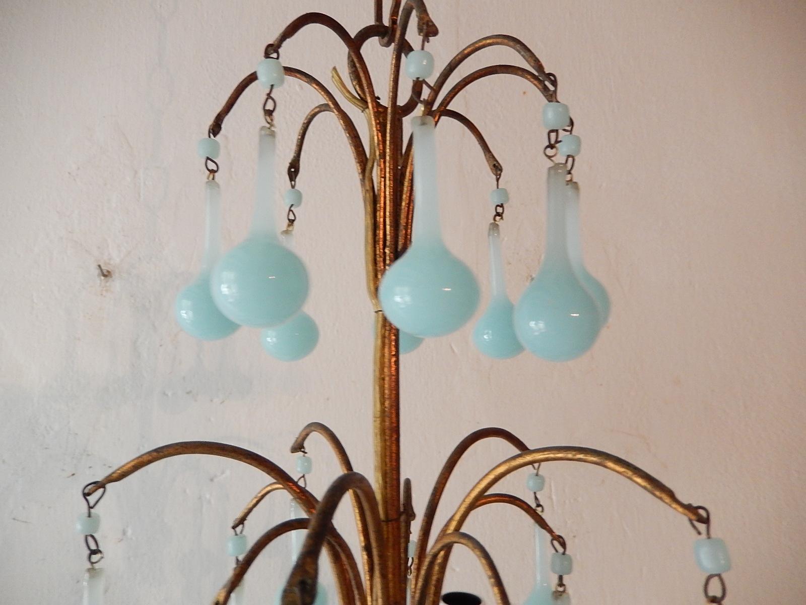 Murano Glass 1930 French Blue Opaline Bobeches and Drops Chandelier