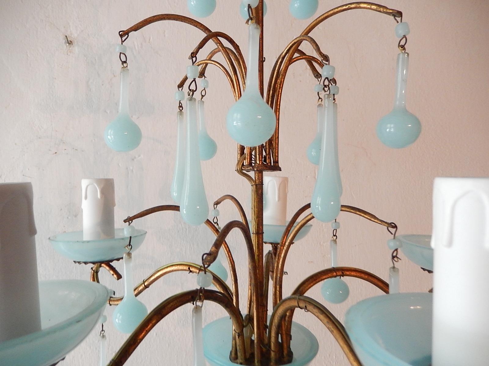 1930 French Blue Opaline Bobeches and Drops Chandelier 1