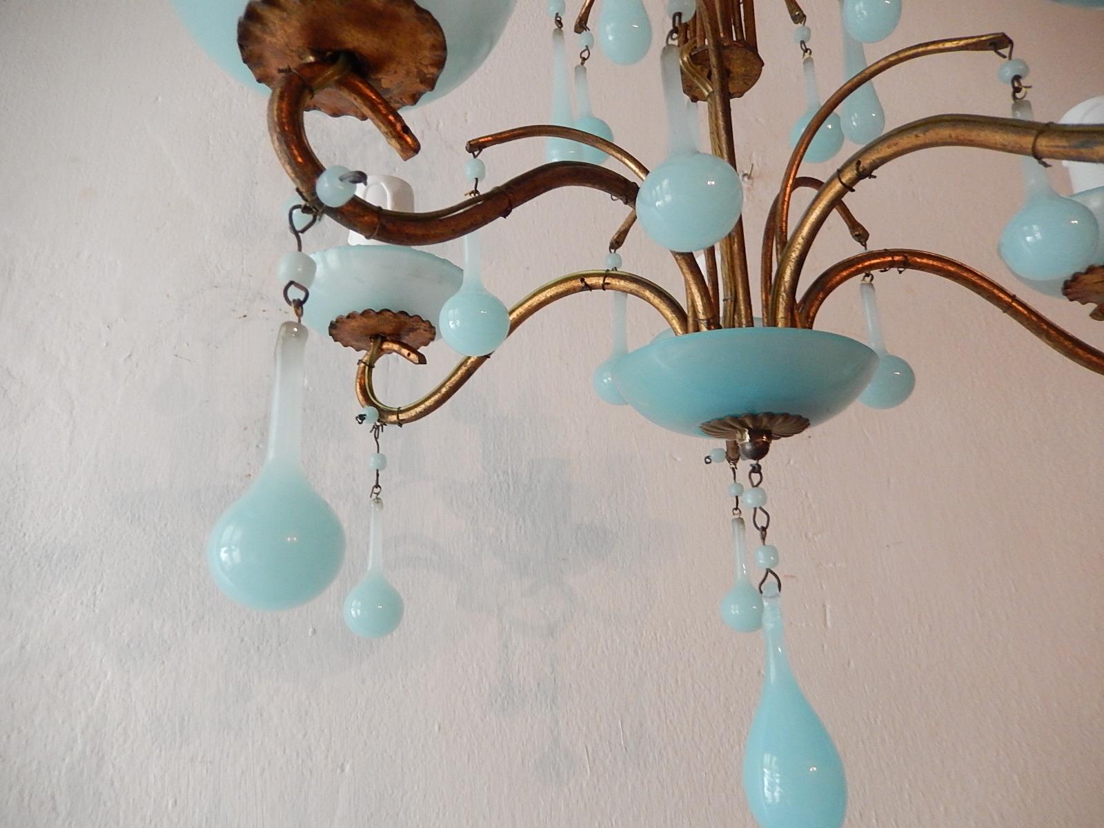 1930 French Blue Opaline Bobeches and Drops Chandelier 2
