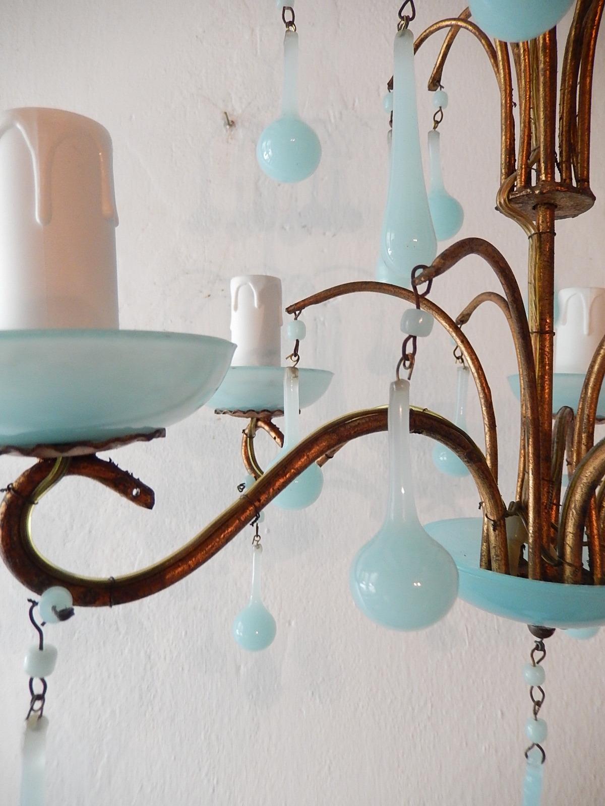 1930 French Blue Opaline Bobeches and Drops Chandelier 3