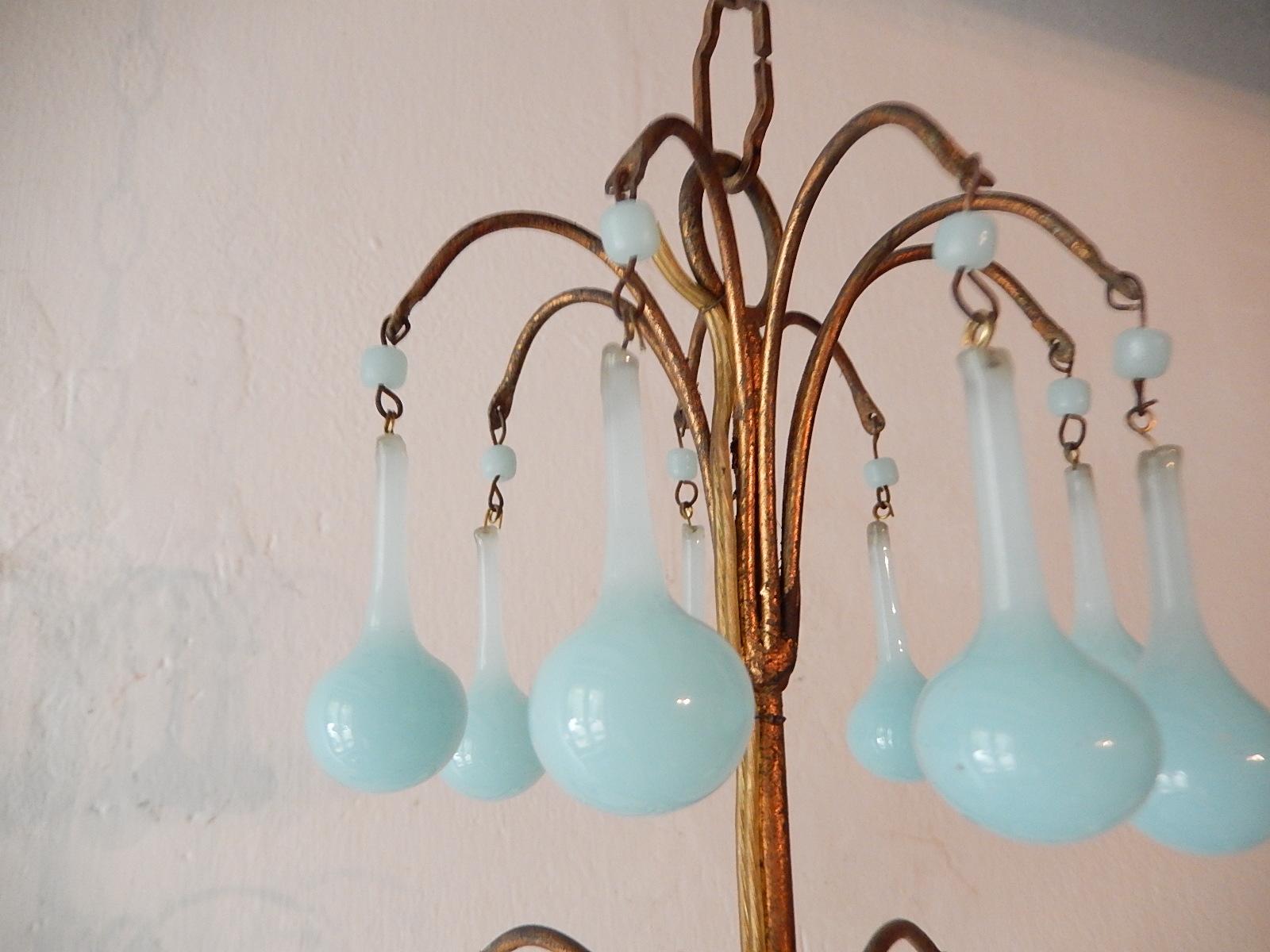1930 French Blue Opaline Bobeches and Drops Chandelier 4