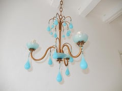 1930 French Petit Blue Opaline Bobeches, Beads and Drops Chandelier