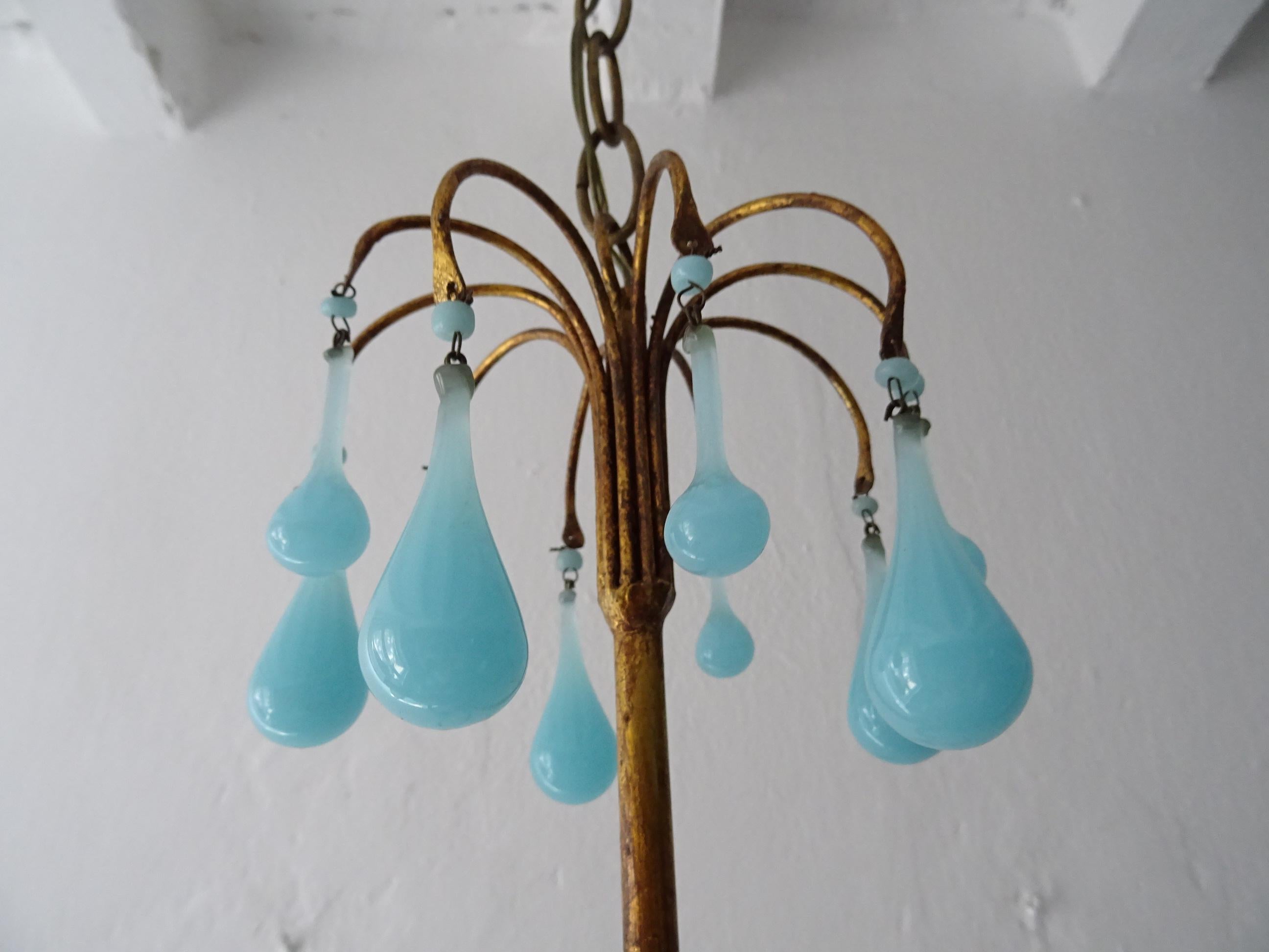 Mid-20th Century 1930 French Blue Opaline Bobeches, Beads and Drops Chandelier For Sale