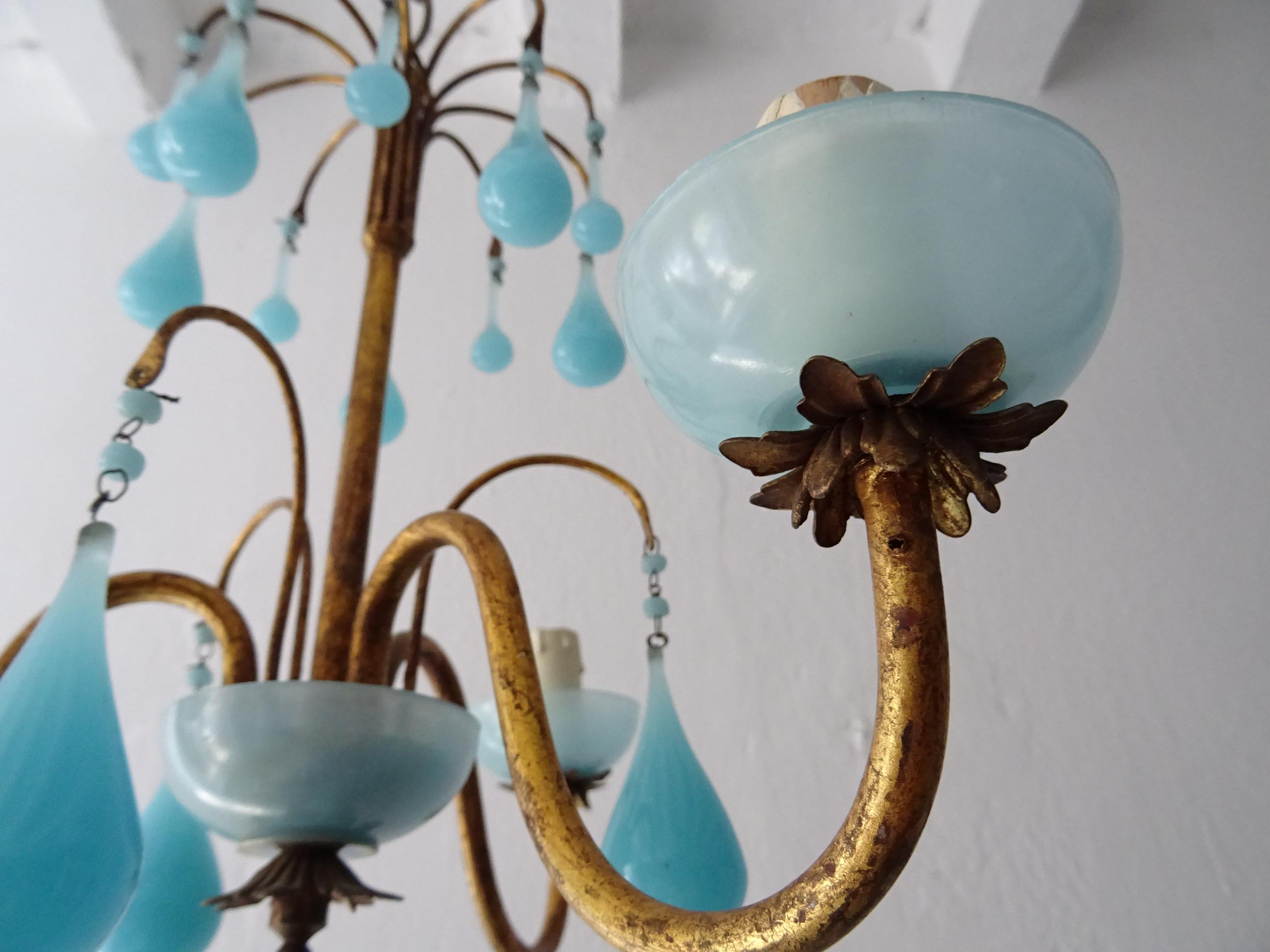 Murano Glass 1930 French Blue Opaline Bobeches, Beads and Drops Chandelier For Sale