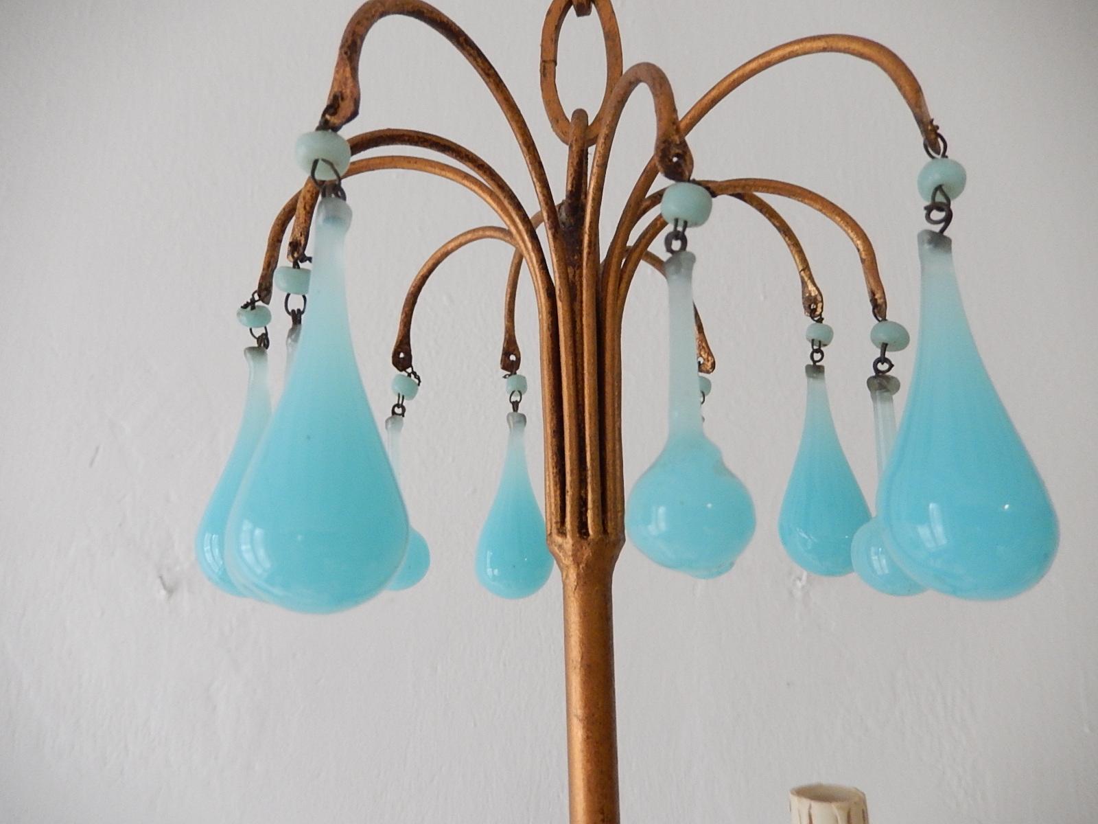 1930 French Petit Blue Opaline Bobeches, Beads and Drops Chandelier In Good Condition For Sale In Firenze, Toscana