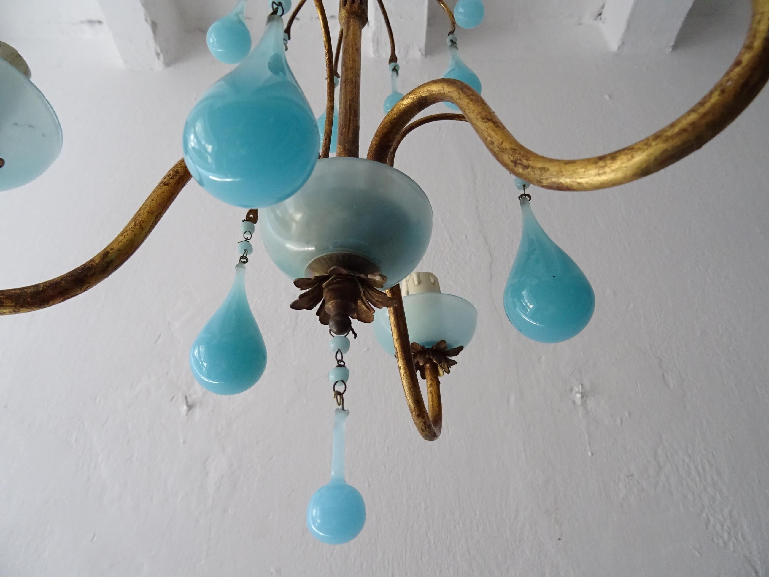 1930 French Blue Opaline Bobeches, Beads and Drops Chandelier For Sale 1