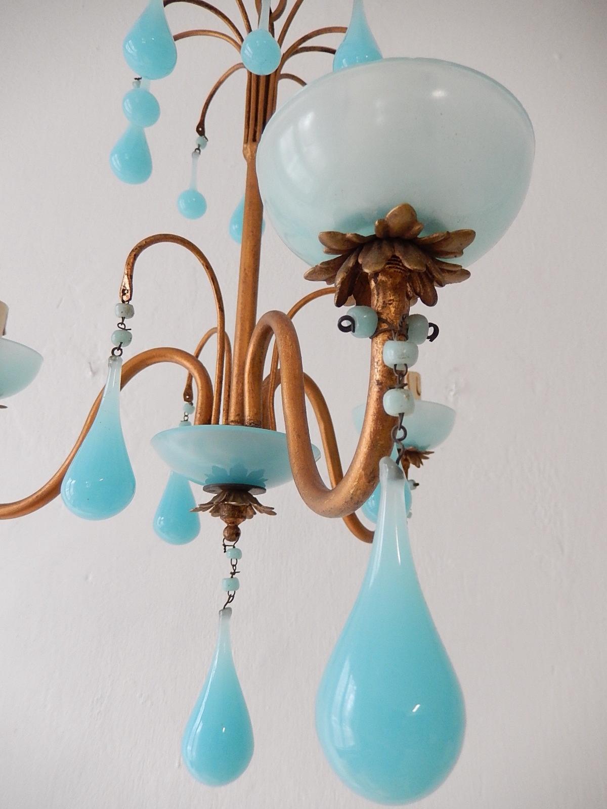 Mid-20th Century 1930 French Petit Blue Opaline Bobeches, Beads and Drops Chandelier For Sale