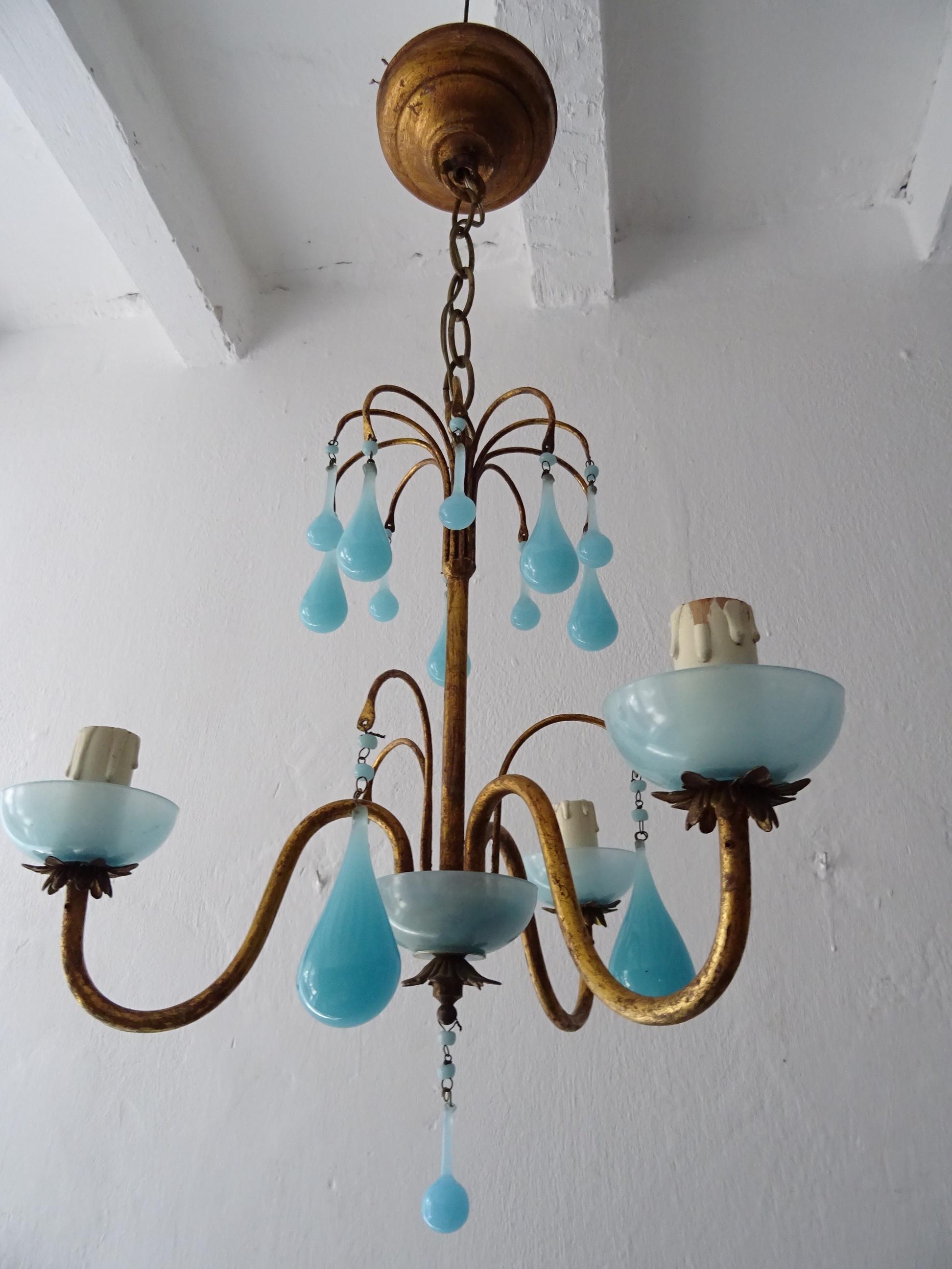 1930 French Blue Opaline Bobeches, Beads and Drops Chandelier For Sale 2