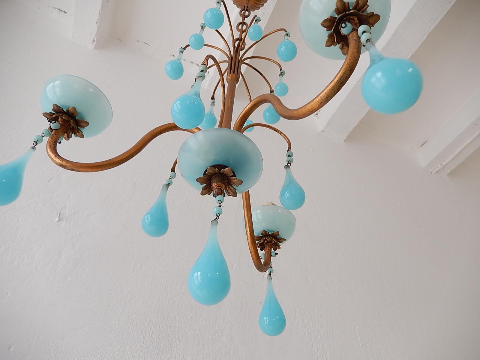 Murano Glass 1930 French Petit Blue Opaline Bobeches, Beads and Drops Chandelier For Sale