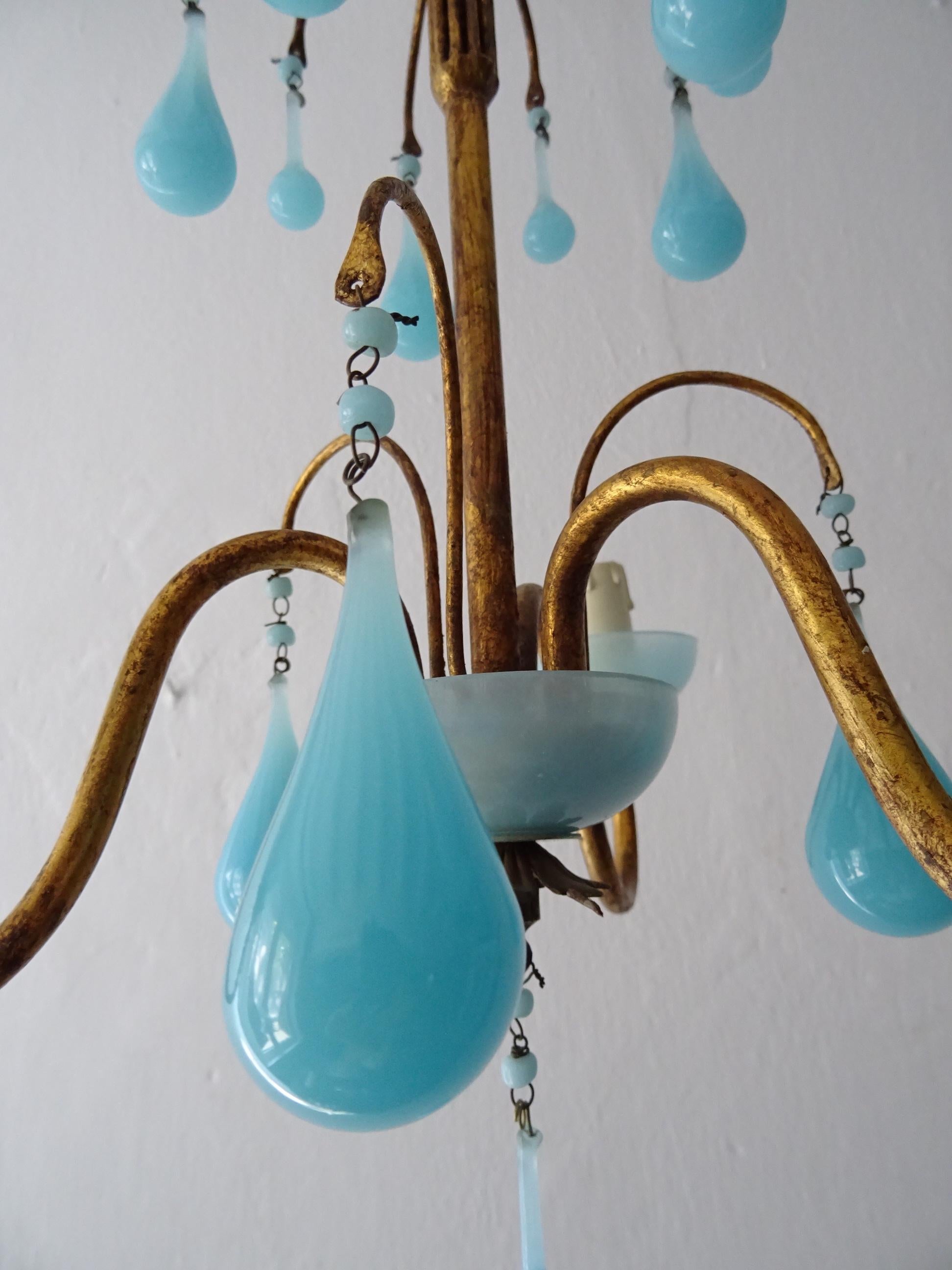 1930 French Blue Opaline Bobeches, Beads and Drops Chandelier For Sale 3