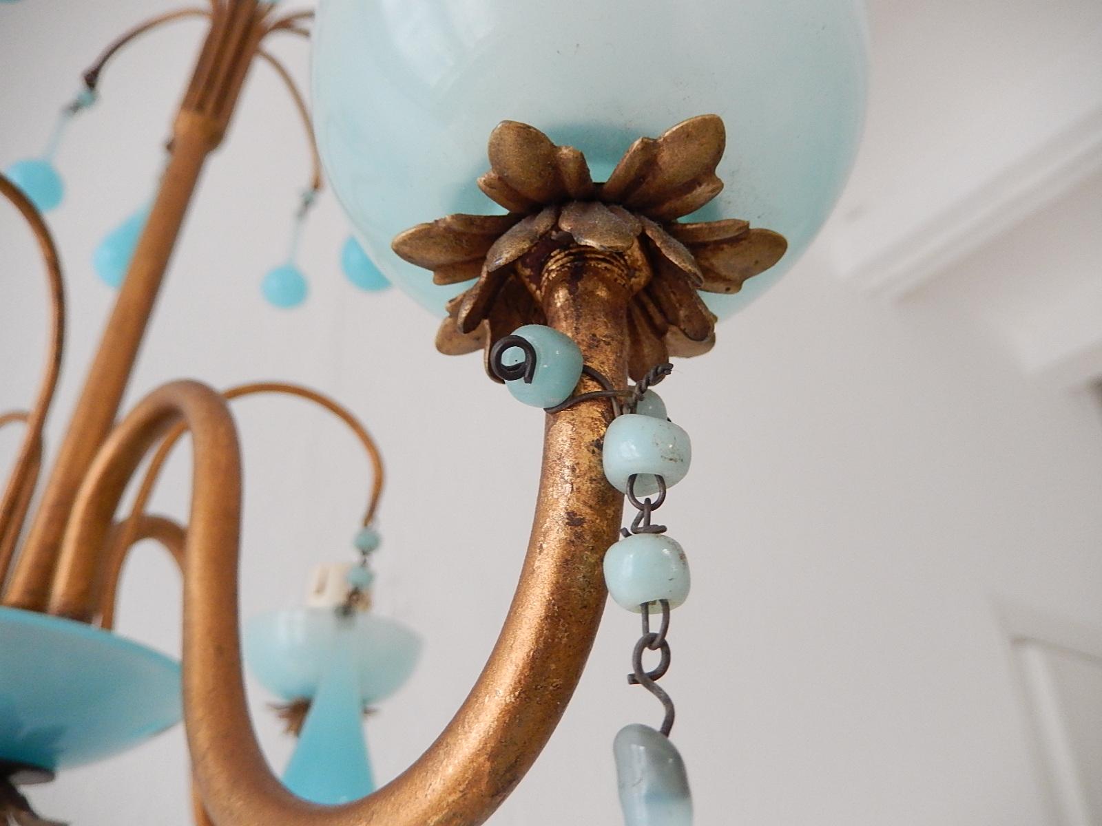 1930 French Petit Blue Opaline Bobeches, Beads and Drops Chandelier For Sale 1