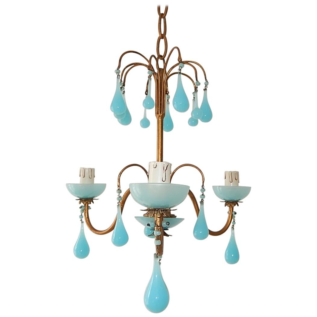 1930 French Petit Blue Opaline Bobeches, Beads and Drops Chandelier For Sale