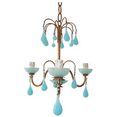 Vintage 1930 French Petit Blue Opaline Bobeches, Beads and Drops Chandelier