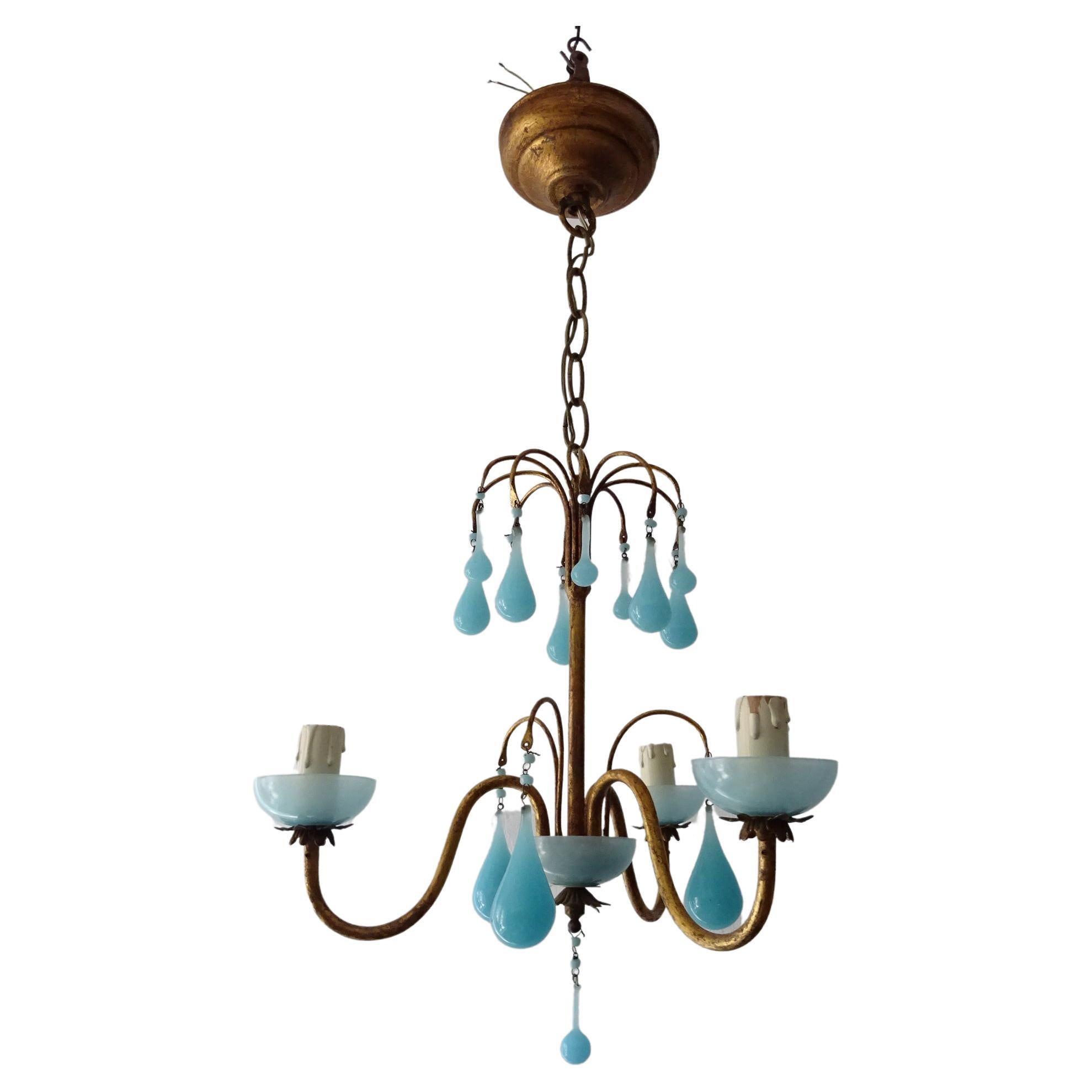 1930 French Blue Opaline Bobeches, Beads and Drops Chandelier For Sale