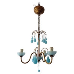 1930 French Blue Opaline Bobeches, Beads and Drops Chandelier