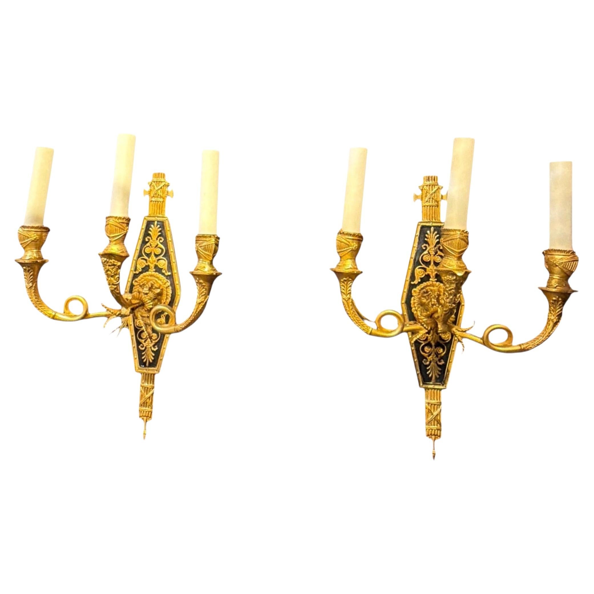 1920 French Empire Style Bronze Sconces with Lion Heads For Sale