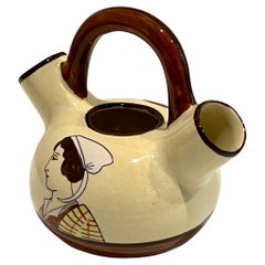 1930 French Henriot Quimper Faience Handle Dual Spout Yellow Pot Man Woman Decor