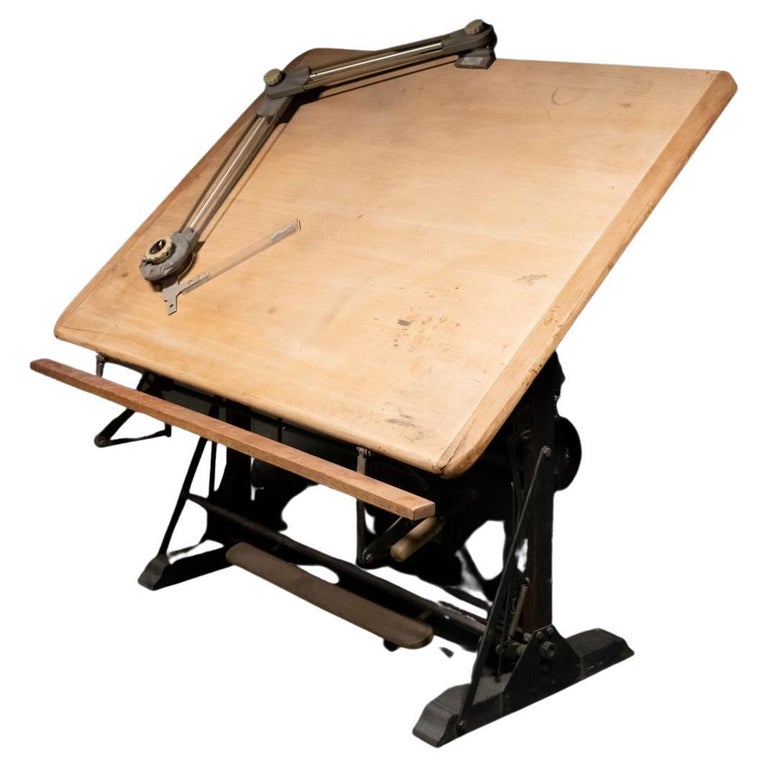 Antique American Industrial Small Drafting Table Work Desk Cast Iron Solid  Wood For Sale at 1stDibs