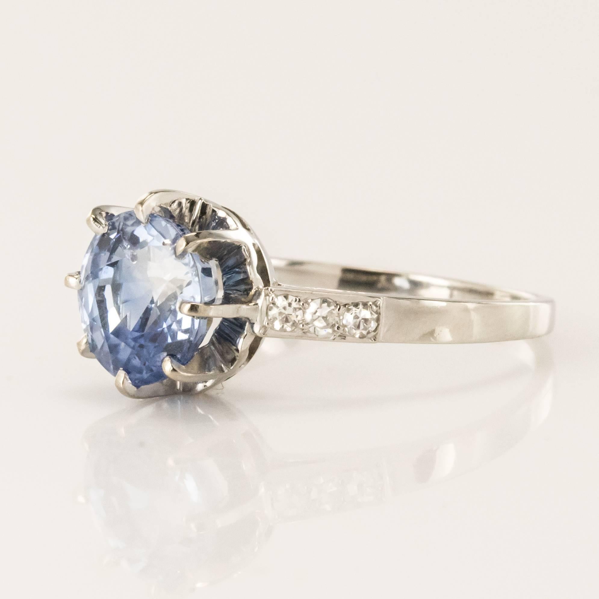 1930 French Platinium Art Deco Sapphire Solitaire Diamond Ring 1