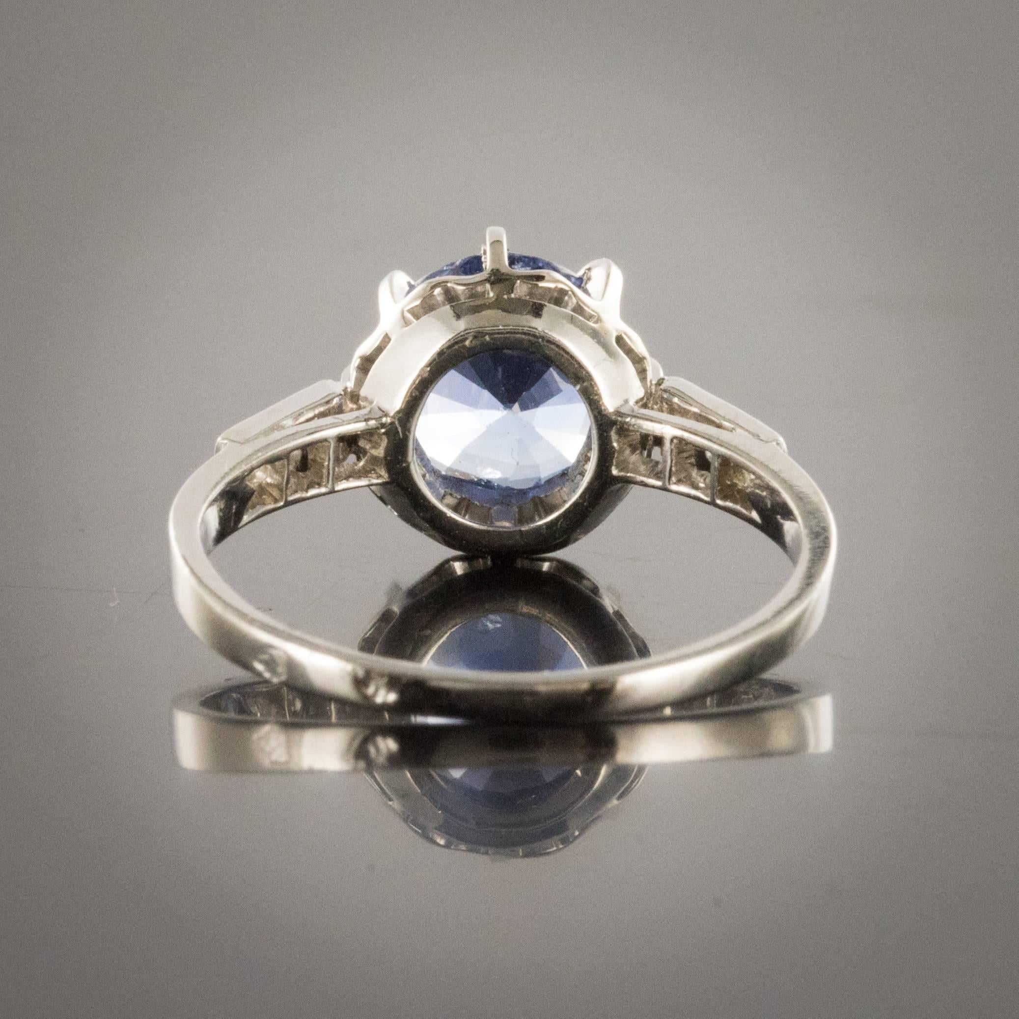 1930 French Platinium Art Deco Sapphire Solitaire Diamond Ring 2