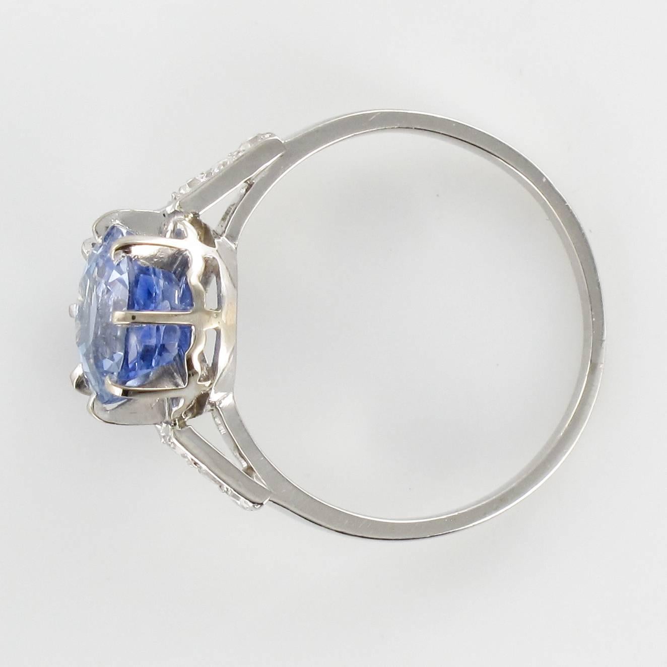 1930 French Platinium Art Deco Sapphire Solitaire Diamond Ring 3