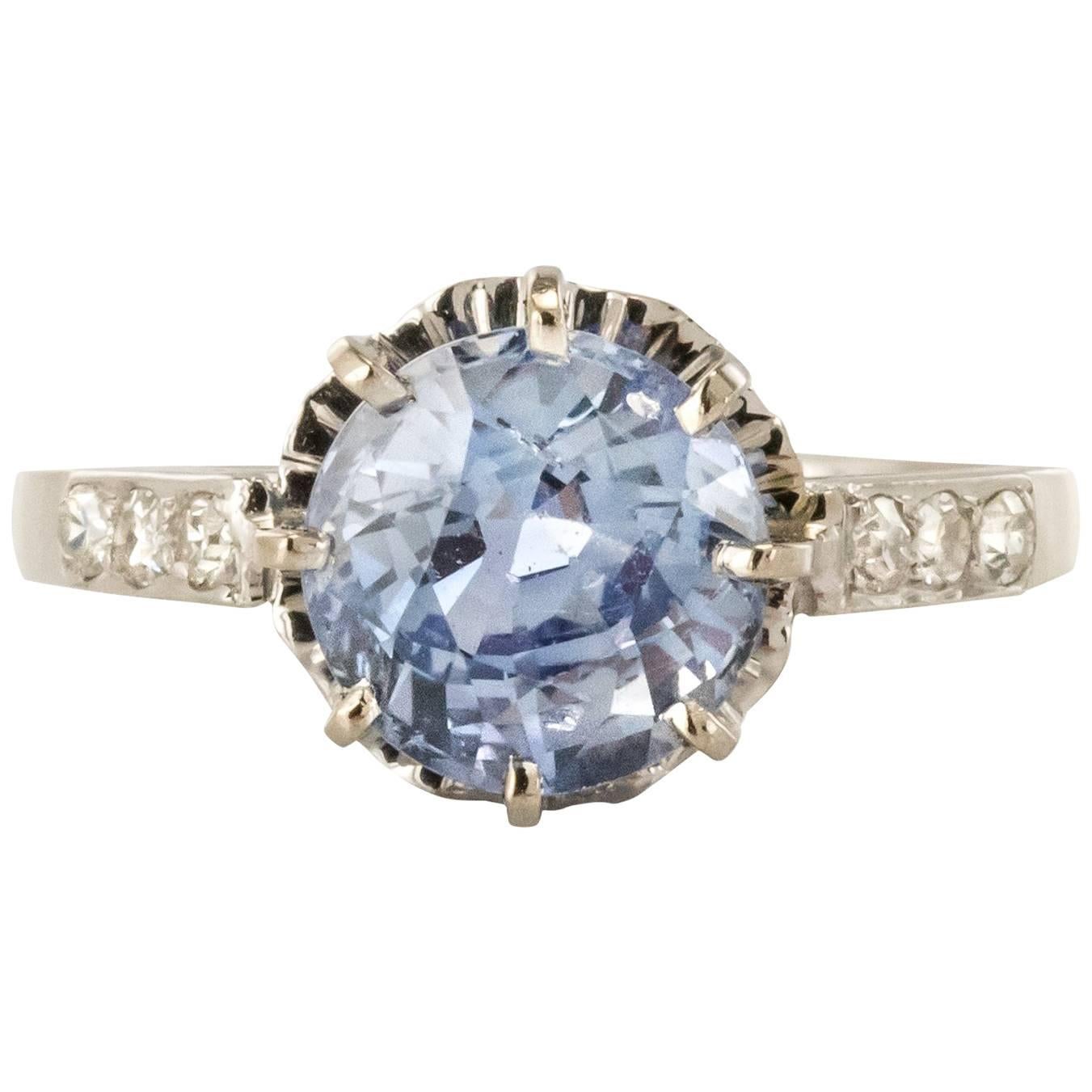 1930 French Platinium Art Deco Sapphire Solitaire Diamond Ring