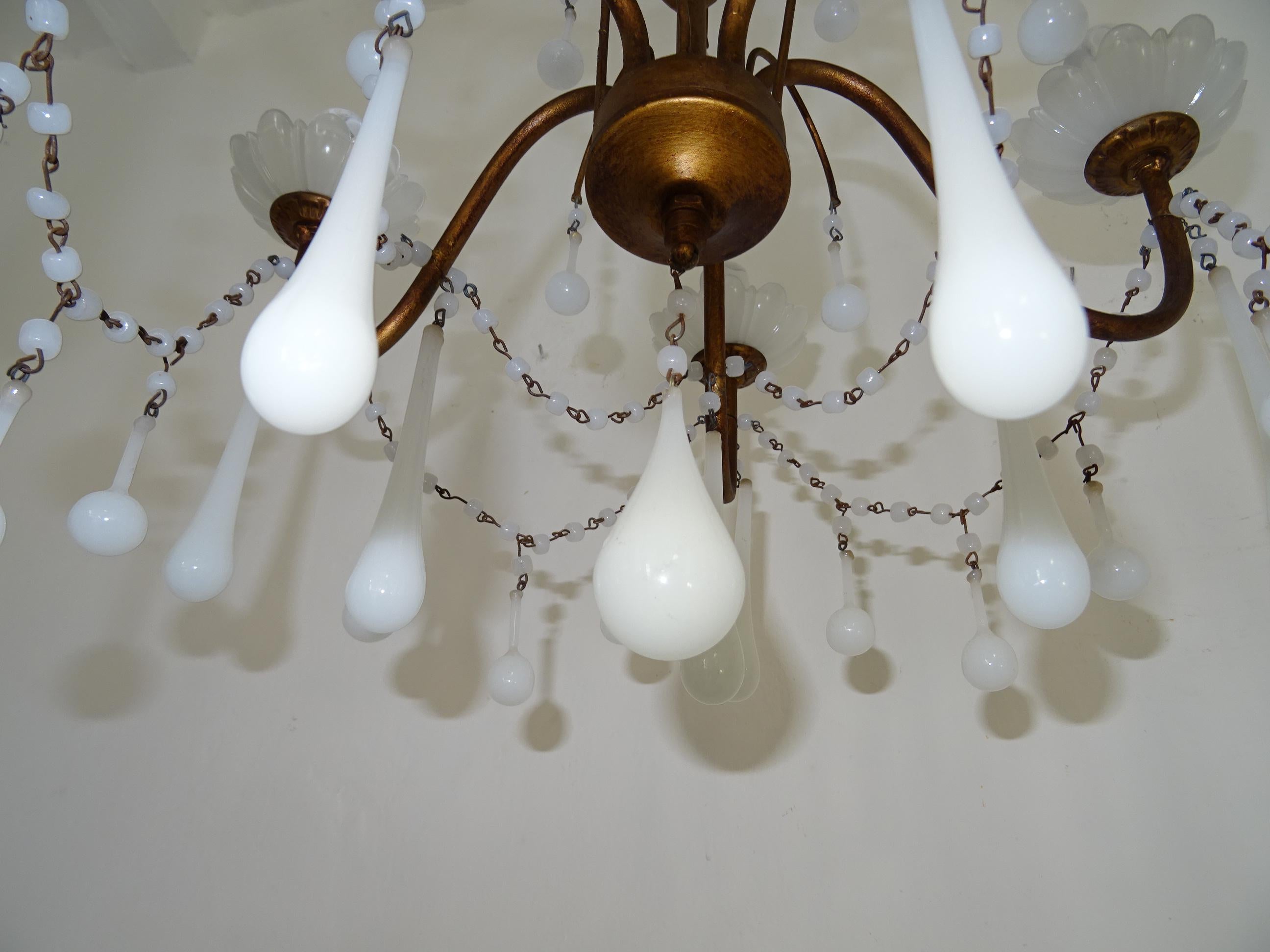 1930 French White Opaline Bobeches, Beads and Drops Chandelier For Sale 5