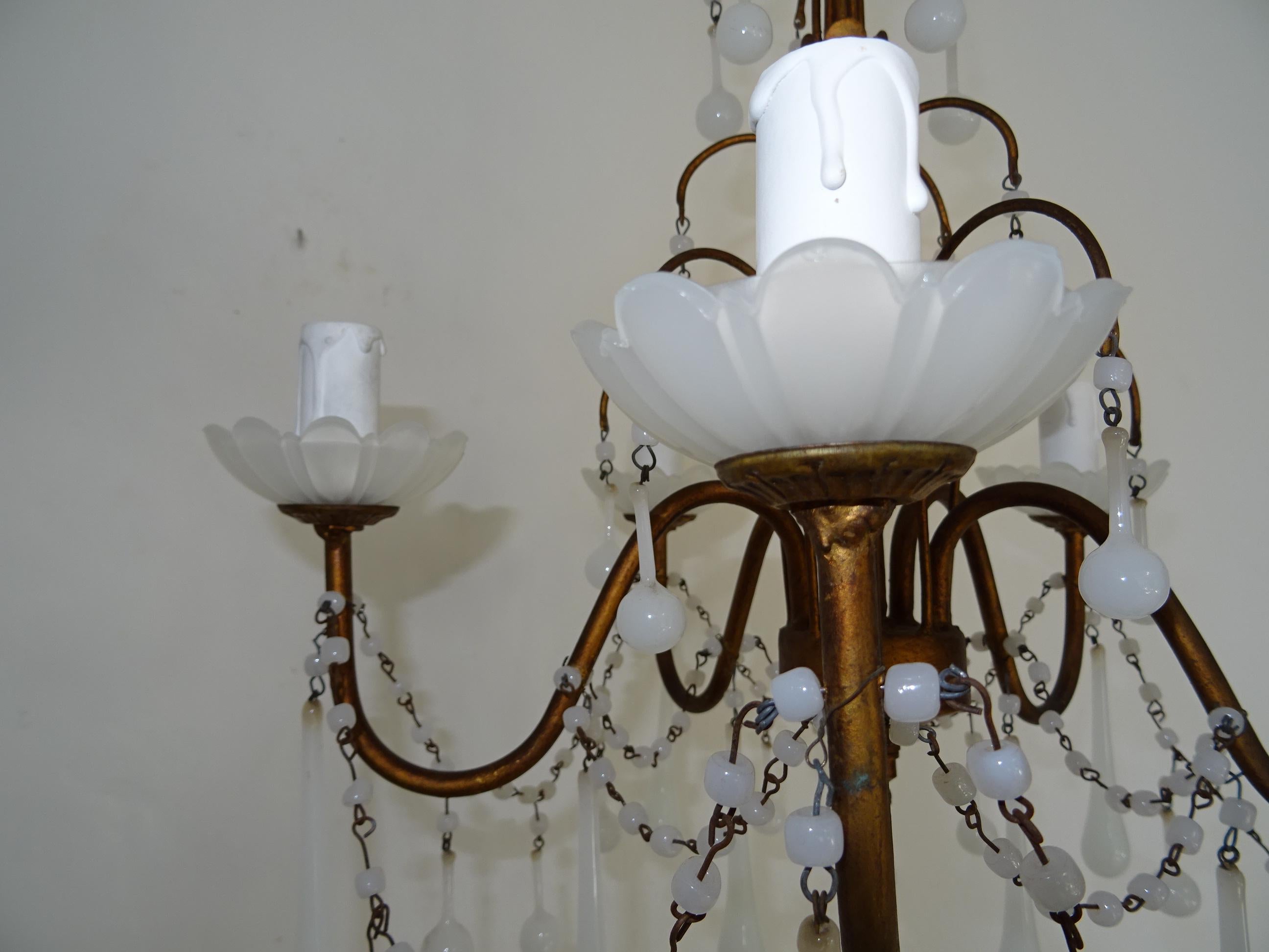 1930 French White Opaline Bobeches, Beads and Drops Chandelier For Sale 6