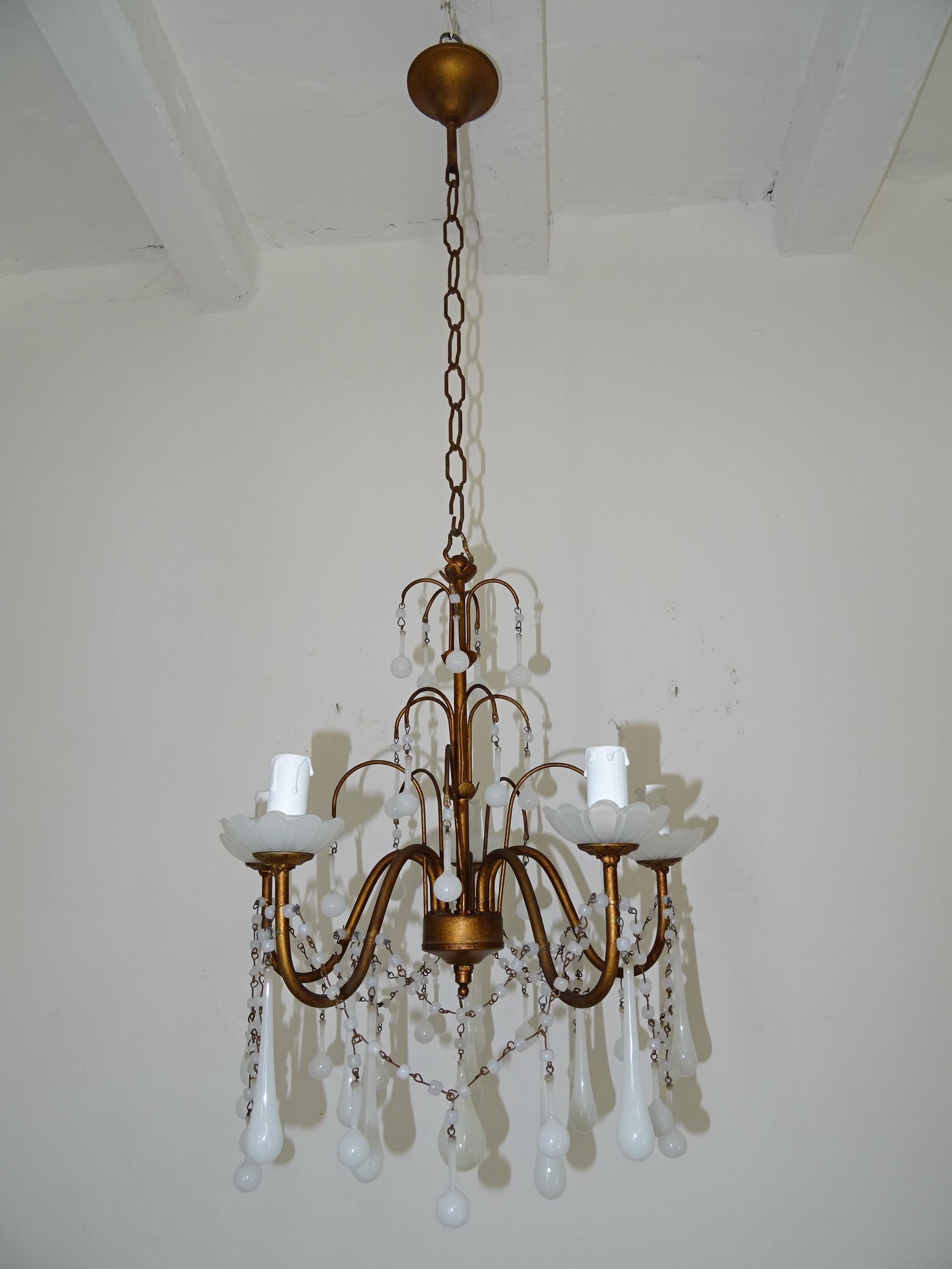 Murano Glass 1930 French White Opaline Bobeches, Beads and Drops Chandelier For Sale