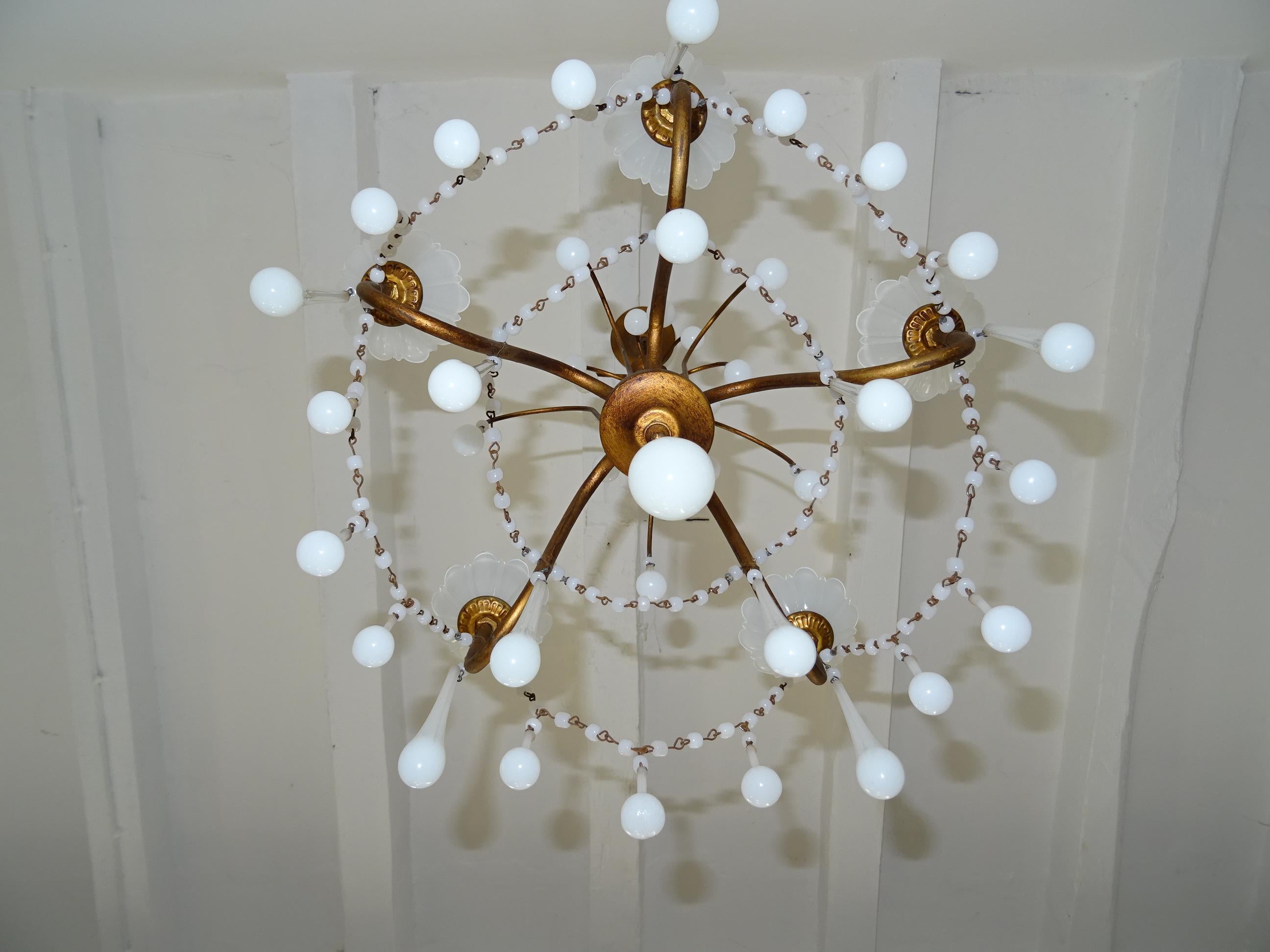 1930 French White Opaline Bobeches, Beads and Drops Chandelier For Sale 1