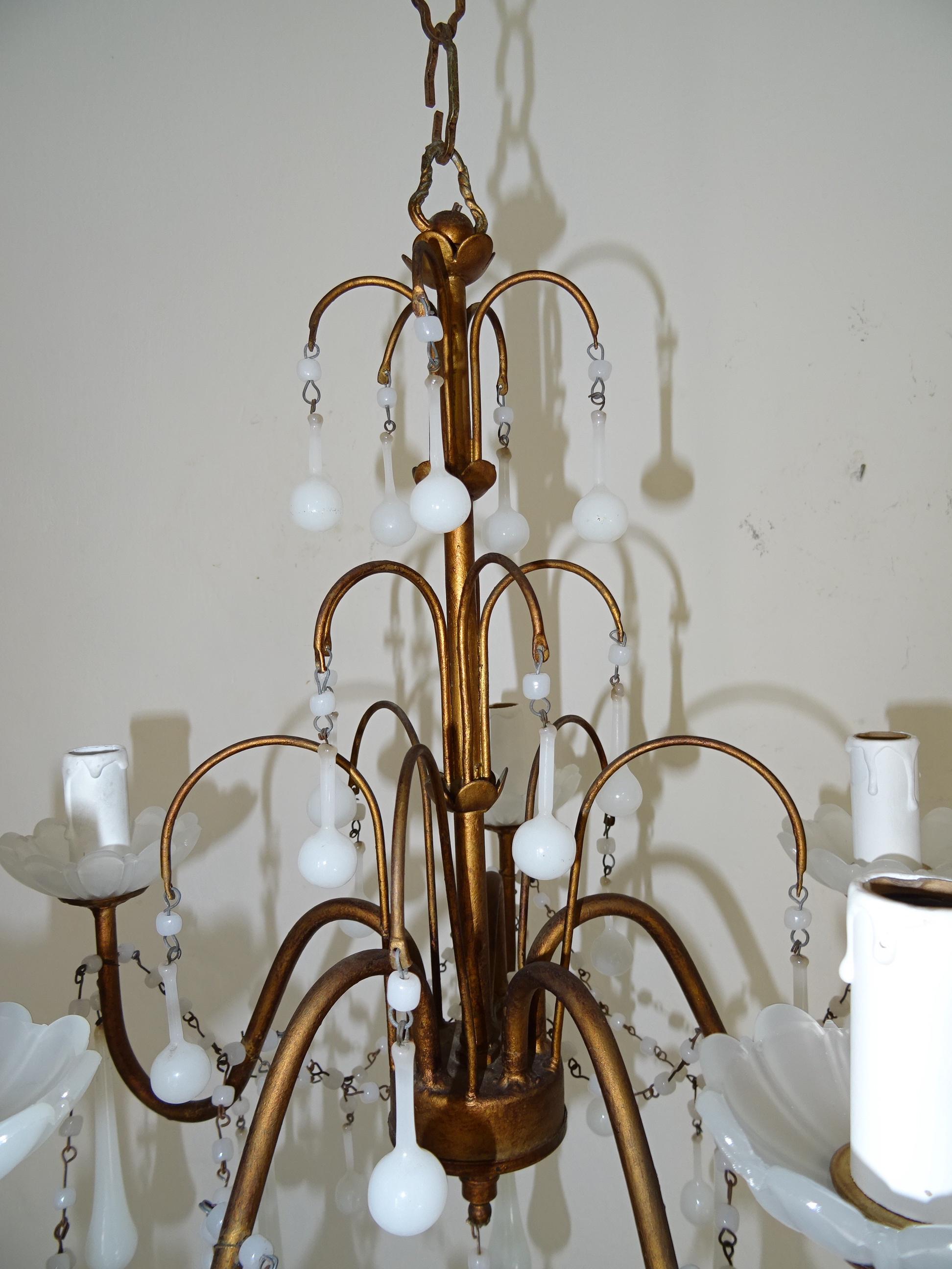 1930 French White Opaline Bobeches, Beads and Drops Chandelier For Sale 2