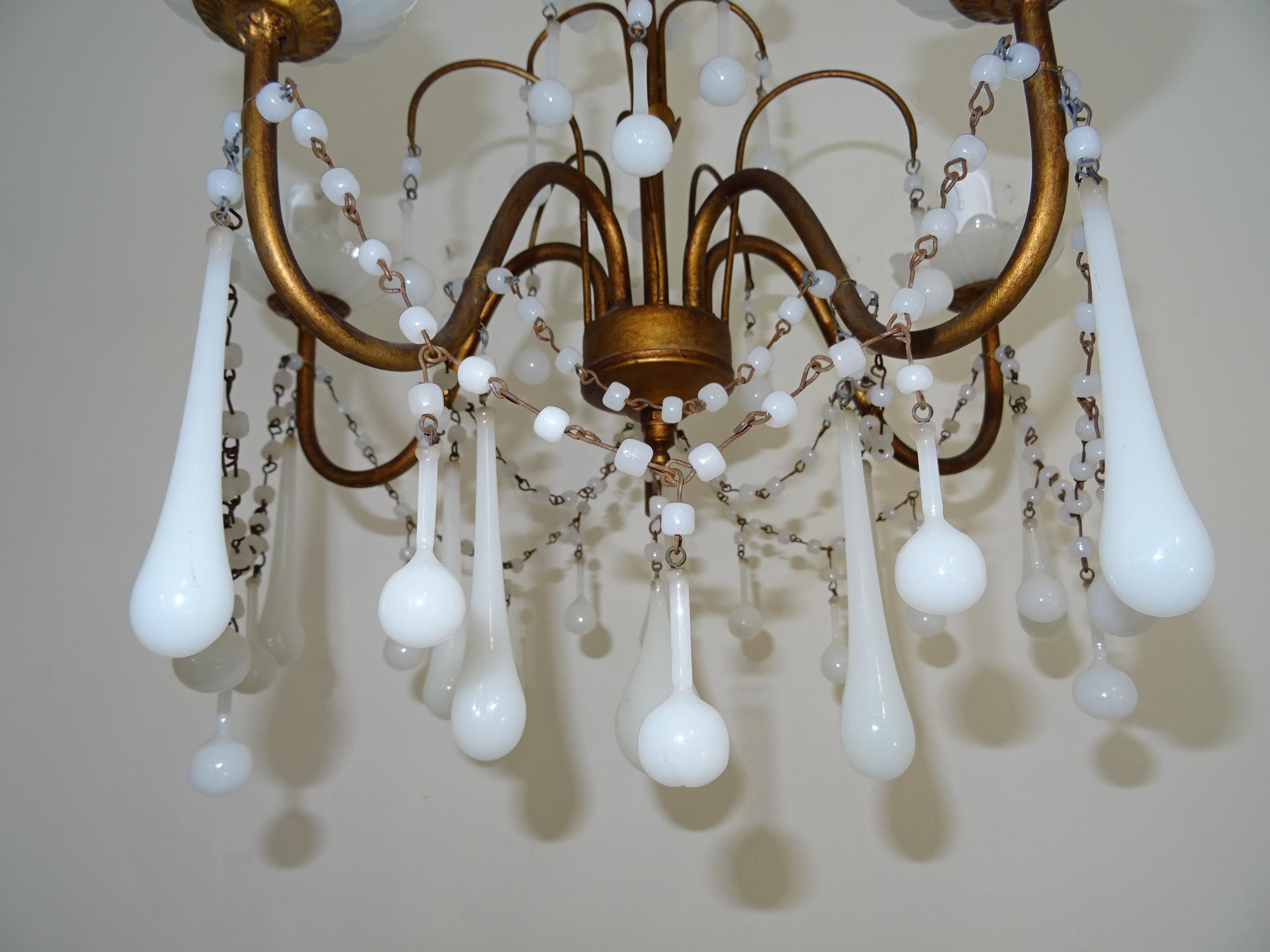 1930 French White Opaline Bobeches, Beads and Drops Chandelier For Sale 3