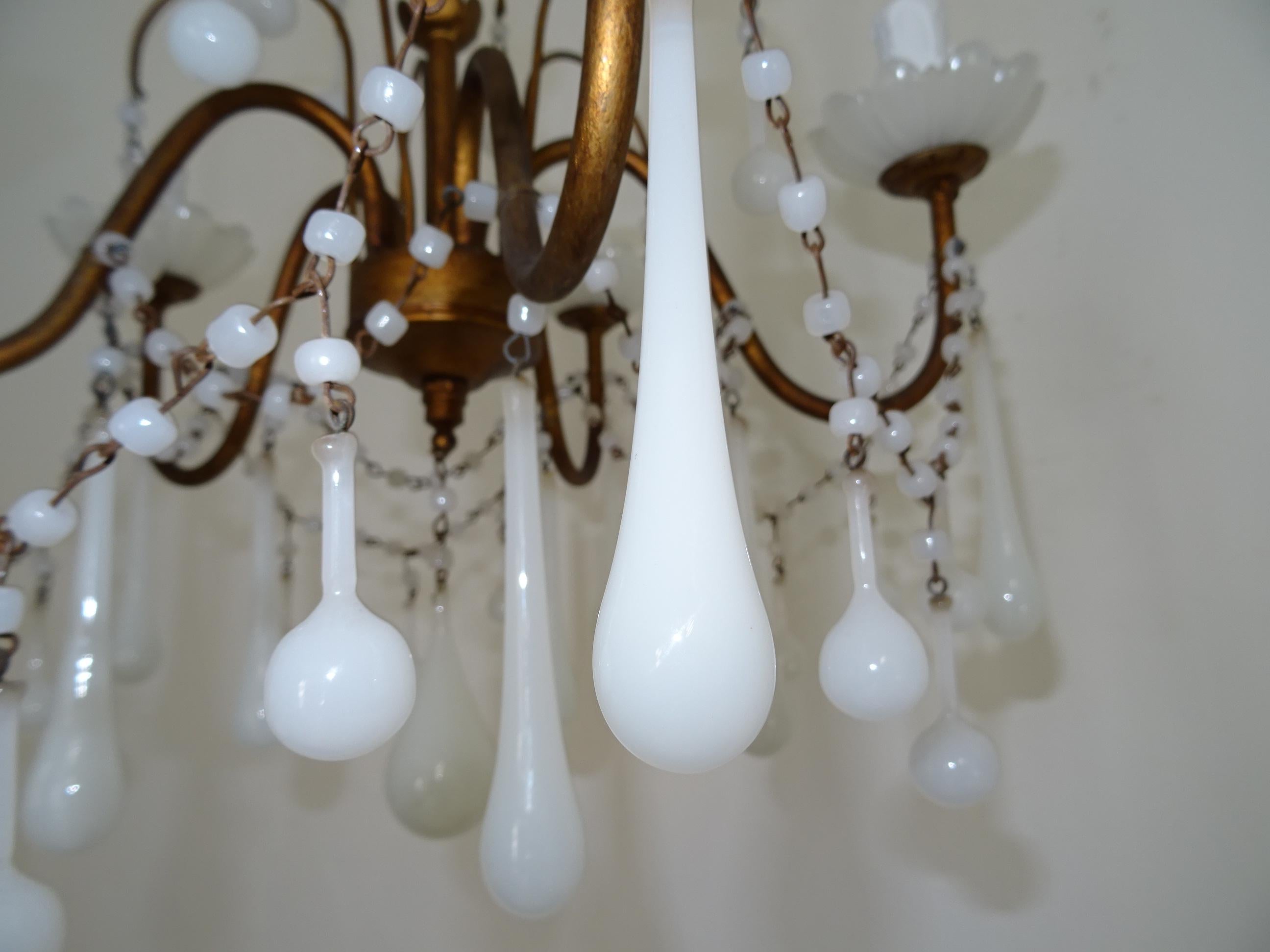 1930 French White Opaline Bobeches, Beads and Drops Chandelier For Sale 4