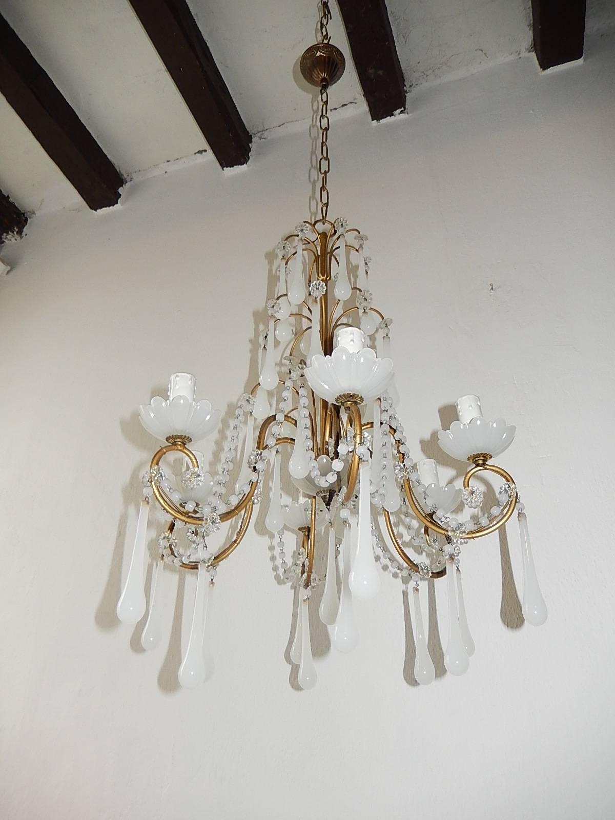 Housing six lights sitting in white opaline bobeches, also one on bottom. Rewired and ready to hang. Gilt metal. Murano white opaline drops and beads. Adding another 16 inches of original chain and canopy. Free priority shipping from Italy.