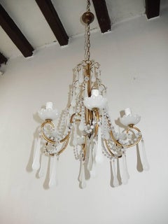 1930 French White Opaline Bobeches, Beads and Drops Chandelier