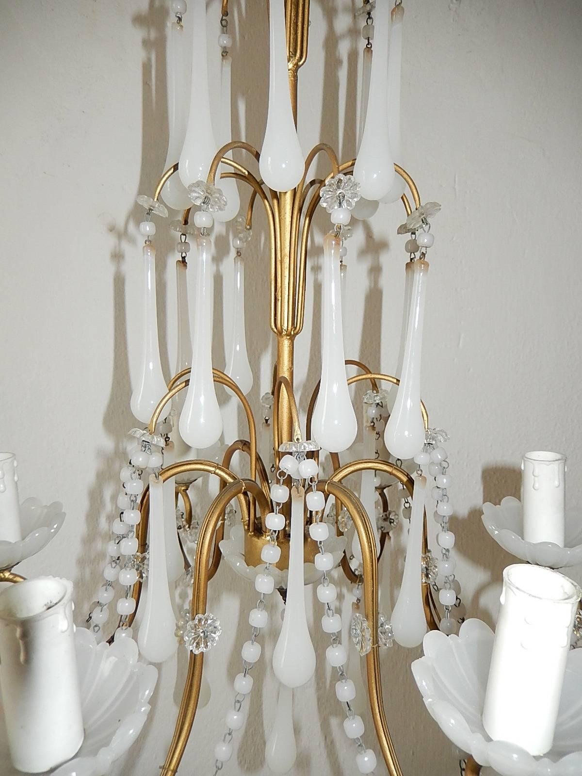 1930 French White Opaline Bobeches, Beads and Drops Chandelier In Excellent Condition In Modena (MO), Modena (Mo)